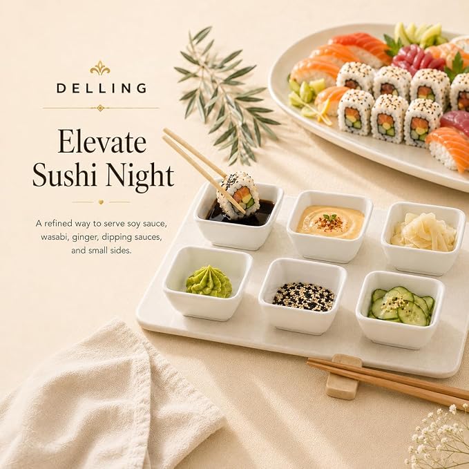 DELLING 3 Oz Ceramic Dipping Bowls Set of 6, Porcelain Soy Sauce Dish - White Dip Bowls for Charcuterie Board Cups, Small Sauce Cups for Condiment Ketchup BBQ, Dipping Sauce Cups Dishwasher Safe