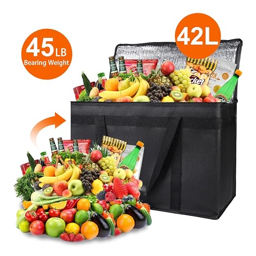 Bodaon 2-Pack Insulated Food Delivery Bag, XX-Large Reusable Grocery Shopping Bag, Frozen Food Cold, Bodaon Cooler Bags with Zippered Top, Black | Reusable Shopping Bag, Frozen Food Cold, Cooler Bags for Picnic, Commercial Catering Pizza Carrier, Therm...