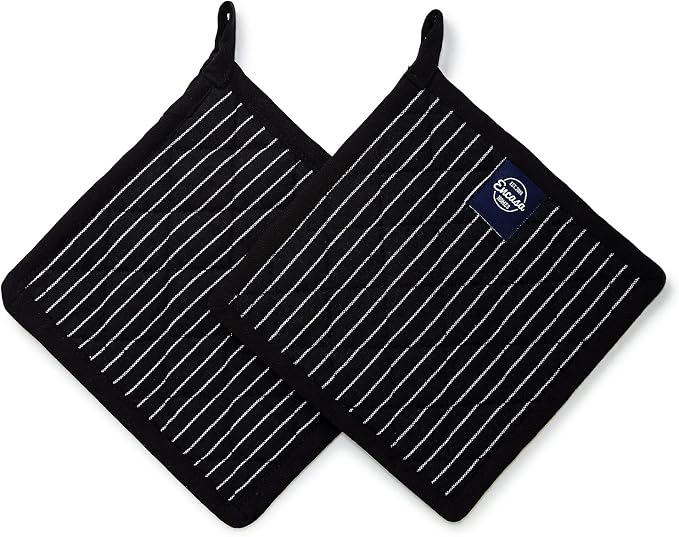 Encasa XO Pot Holders, Quilted Kitchen Hot Pads 8"x8" Butcher Stripes Black | 100% Eco-Friendly Cotton | Thick Cotton Padding Insulation | Convenient Hanging Loop | Set of 2