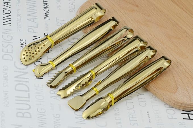 HINMAY Gold Plated Mini Serving Tongs Set 6-Inch Appetizers Tongs, Set of 6 | Stainless Steel Small Sugar Cube Tongs Ice Tongs