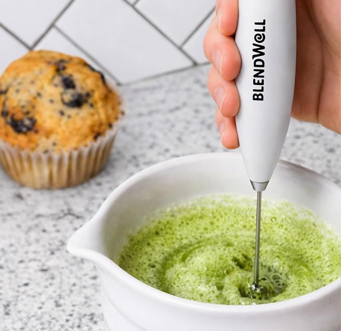 BlendWell Electric Milk Frother for Matcha and Coffee, Handheld Battery Operated Drink Mixer with Stand, Stainless Steel Whisk, White