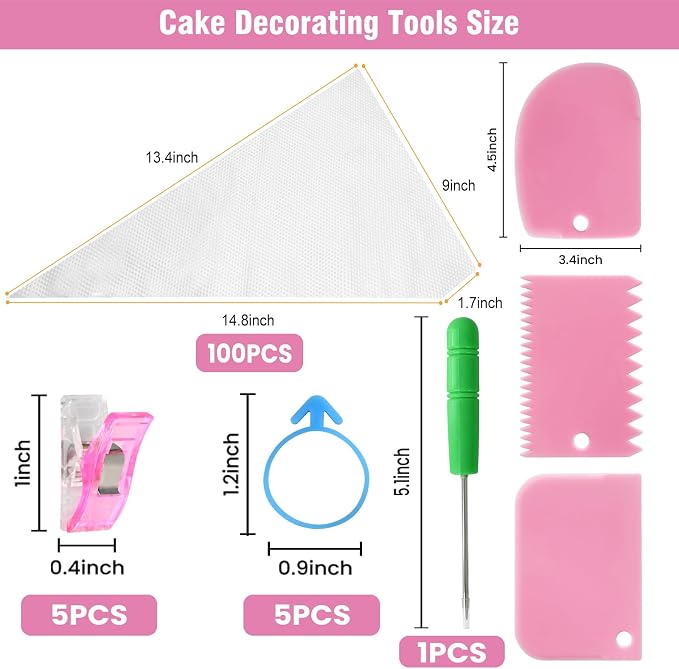 firstake Piping Bags Disposable 14 Inch 100pcs for Cake Decorating | Food Grade, Anti-Burst, Non-Slip, Smooth Interior, 5 Icing Bag Ties + 5 Clips + 3 Scrapers + 1 Scriber Needle