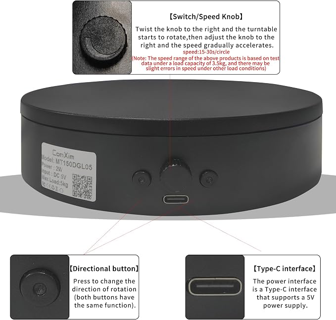 Rotating Display Stand with USB Power Cable,360 Degree Motorized Turntable 5.9" 11lbs Load, Spinning Display Stand for Jewelry, Turner Glitter Cups Photography and Display (5.9" black)