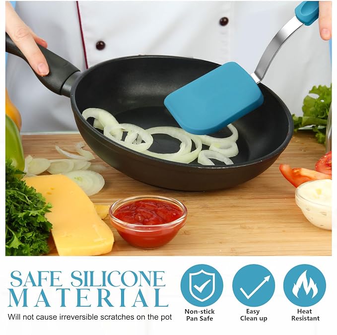 Silicone Cookie Spatula Turner 2 Pack Mini Brownie Spatula Flexible Kitchen Small Silicone Turner for Nonstick Cookware Heat Resistant No Scratch Flipper for Egg(Solid Flat,Light Blue)