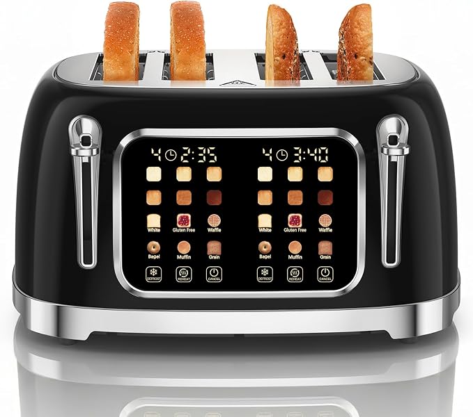 RONGBEST Retro Toaster 4 Slice with Stainless Steel Wide Slot Touch Screen for Family Breakfast, 6 Browning Levels for Bagel & Bread, Reheat & Defrost, Removable Crumb Tray, Jet Black