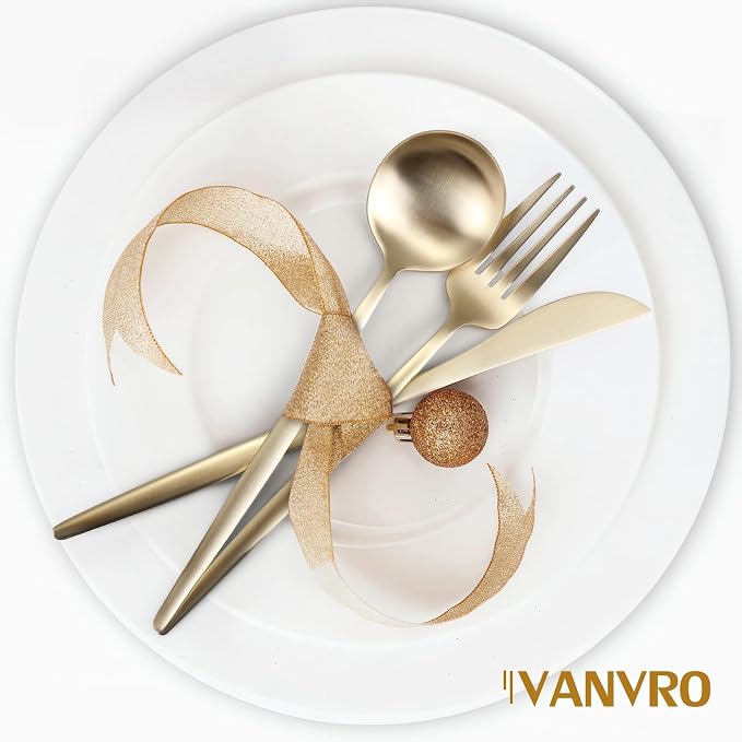 VANVRO Champagne Gold Silverware Set, 60-Piece Stainless Steel Flatware set,Matte Silverware Sets Service for 12, Tableware Cutlery Satin Finish Utensils for Kitchen,Dishwasher Safe