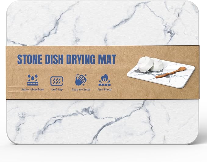 Quick Dry Stone Drying Mat for Kitchen Counter, Water-Absorbent Diatomaceous Dish Drying Mats, Multi-Purpose Stone Drying Tray for Cups Dishes Bottles, Carrara White Marble