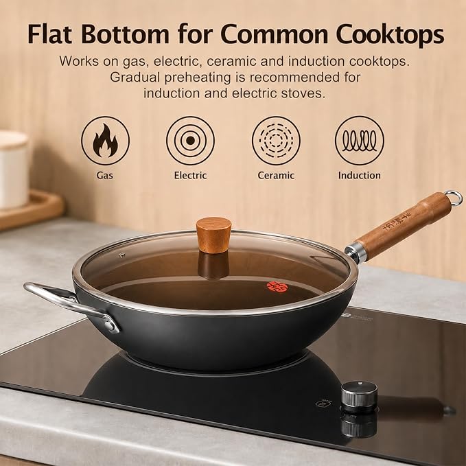 WANGYUANJI Carbon Steel Wok with Lid, 12.6 Inch Flat Bottom Wok Pan, Uncoated Stir Fry Pan with Wooden Handle, Chinese Wok for Gas, Electric, Induction & Ceramic Stoves | Uncoated Stir Fry Pan with Wooden Handle for Gas, Electric, Induction & Ceramic S...
