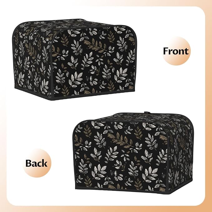4 Slice Toaster Cover Boho Black Leaf Pattern Dust Proof Washable Kitchen Appliance Cover with Pocket, Oxford Fabric Countertop Toaster Protector for Standard Toasters Small Appliances