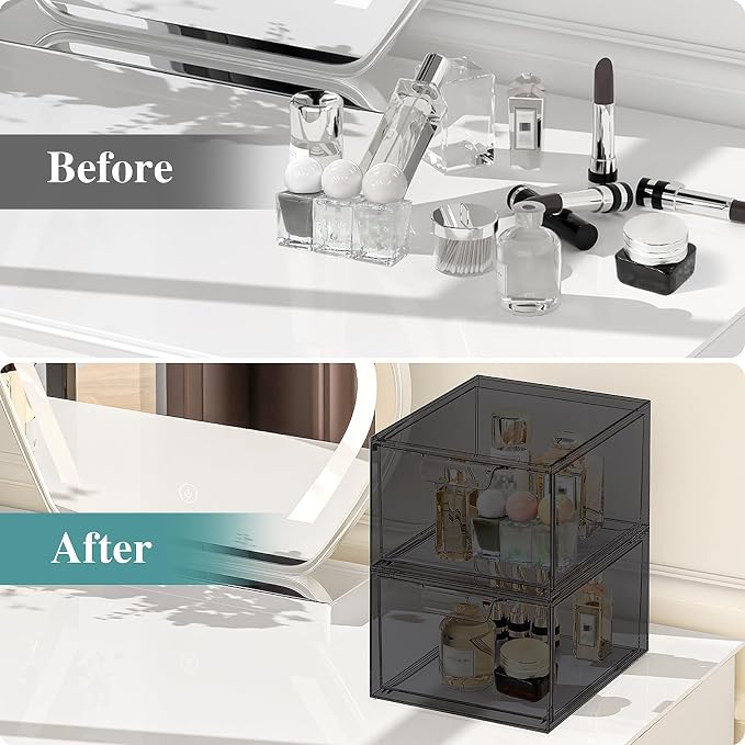 3 Pack Stackable Acrylic Makeup Organizer, Smoke Black Storage Drawers | Clear Plastic Drawer Organizers with Handles for Vanity, Bathroom, Bedroom, Cosmetics, Jewelry and Home Storage