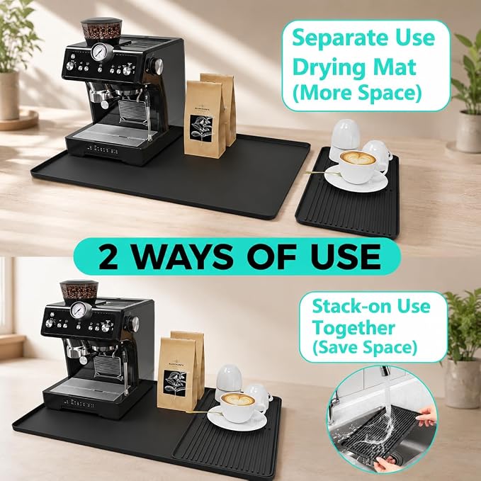 2-in-1 Coffee Mat & Dish Drying Mat Coffee Bar Mats for Countertop [Clean & Organized] Coffee Matt for Counter Silicone Coffee Tray Espresso Mat Coffee Station Mat Espresso Coffee Maker Machine Mat