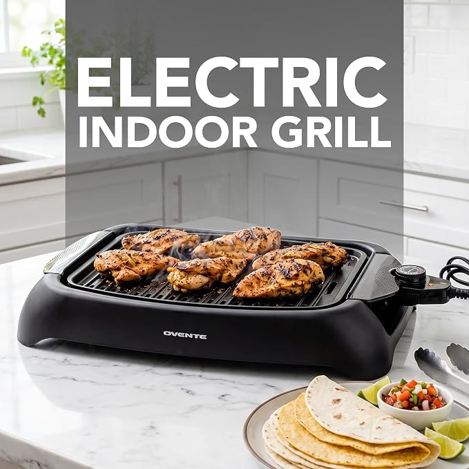 OVENTE Electric Indoor Grill, 13x10 Inch Non-Stick Plate, Black GD1632NLB | 1000W Fast Heat Up Power, Adjustable Temperature, Removable and Dishwasher Safe Grilling Plate and Drip Tray