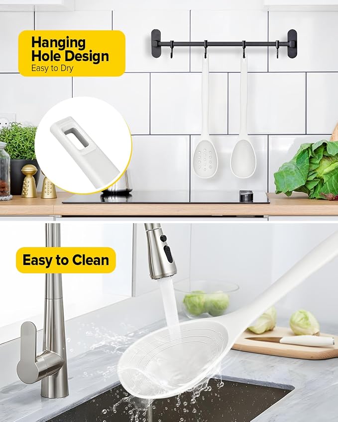 Pack of 2 Silicone Cooking Spoons, Non Stick Solid Kitchen Spoon with Measuring Marks & Back Hooks, Heat Resistant Silicone Slotted Spoon for Cooking, Mixing, Stirring,Serving (WHITE)