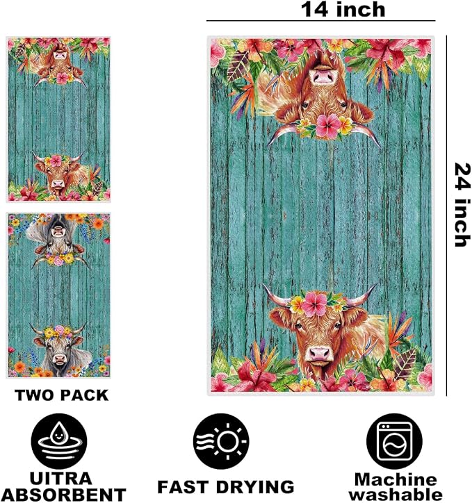 Jztco 2 Pcs Cow Kitchen Towels, Rustic Flower Soft Absorbent Hand Towels | Microfiber Dish Cloths for Drying Dishes, Waffle Dish Towels for Kitchen Bathroom Decor, Cow Gifts for Women