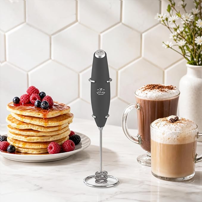 Zulay Kitchen Powerful Milk Frother Wand With Duracell Batteries - Ultra Fast Handheld Drink Mixer - Electric Whisk Foam Maker for Coffee, Lattes, Cappuccino & Matcha - Triple Whisk - Onyx Slate