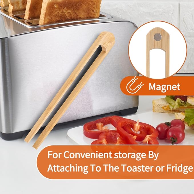 Jowmoy 2 Pieces With Magnet Natural Bamboo Toast Tongs, toast tongs, bamboo tongs,slip Design,for Toaster,Fruits, Bread & Pickles, Kitchen Utensil, Salad, Pasta, Grilling, BBQ.
