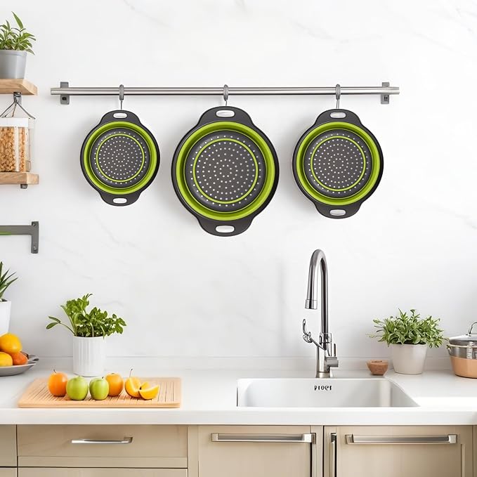 Collapsible Colander 3-Pack Set Space-Saving Foldable Kitchen Strainer with Non-Slip Base Durable Thickened PP+TPE Collapsible Strainers for Pasta, Vegetables, Fruits (Gray-Green)