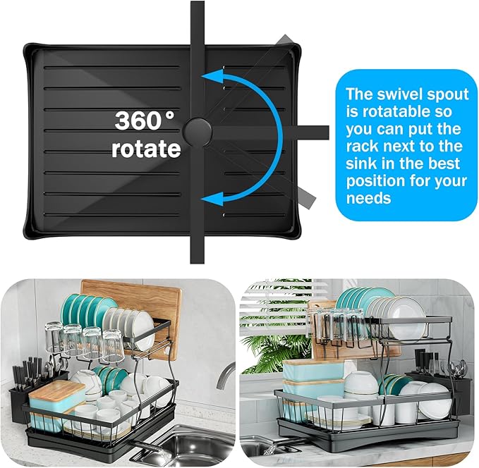 7 code 2-Tier Large Dish Drying Rack for Kitchen Counter, Black | Detachable Large Capacity Dish Drainer Organizer with Auto Drain, Anti-Rust Dish Rack with Cup & Utensil Holders