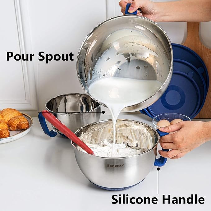 Stainless Steel Mixing Bowls Set with Lids,1.5,3 & 5 Qt,Blue | Non-Slip Silicone Base,Precision Pour Spout,Ergonomic Easy-Grip Handle,Measurement Marks,Airtight Lids,Cooking & Meal Prep