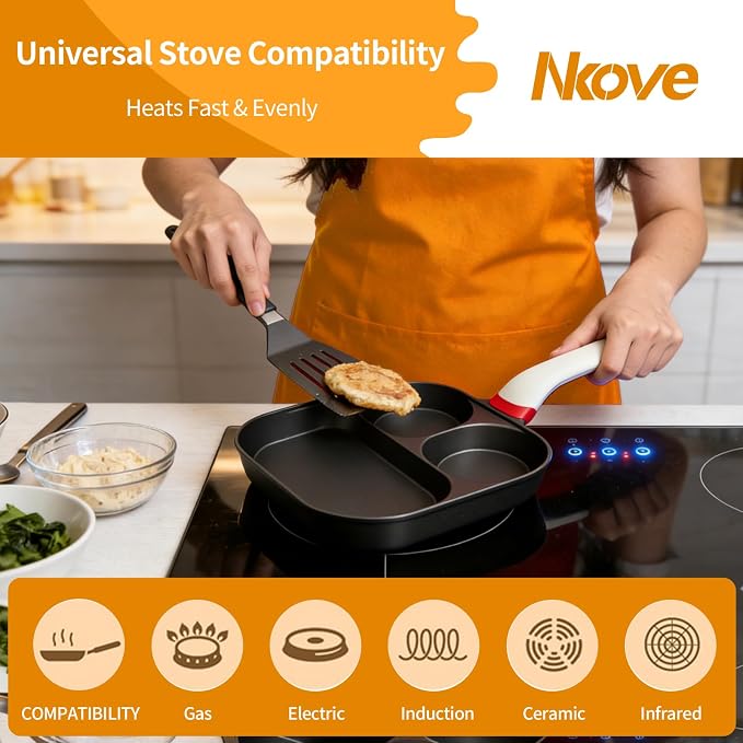 Nkove Egg Pan, 3 in 1 Breakfast Skillet with Divided Sections for Eggs | Nonstick Multi Compartment Frying Pan, Induction Compatible Cookware for Eggs, Pancakes, Bacon and Easy Breakfast Cooking