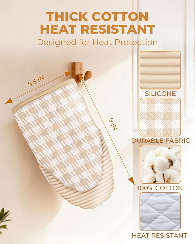 100% Thick Cotton Oven Mitts Ribbed Soft Silicone Beige Gingham | Aesthetic Oven Mitts for Women, Machine Washable Non-Slip Kitchen Mitts, Reversible for Both Hands, Stylish Kitchen Decor