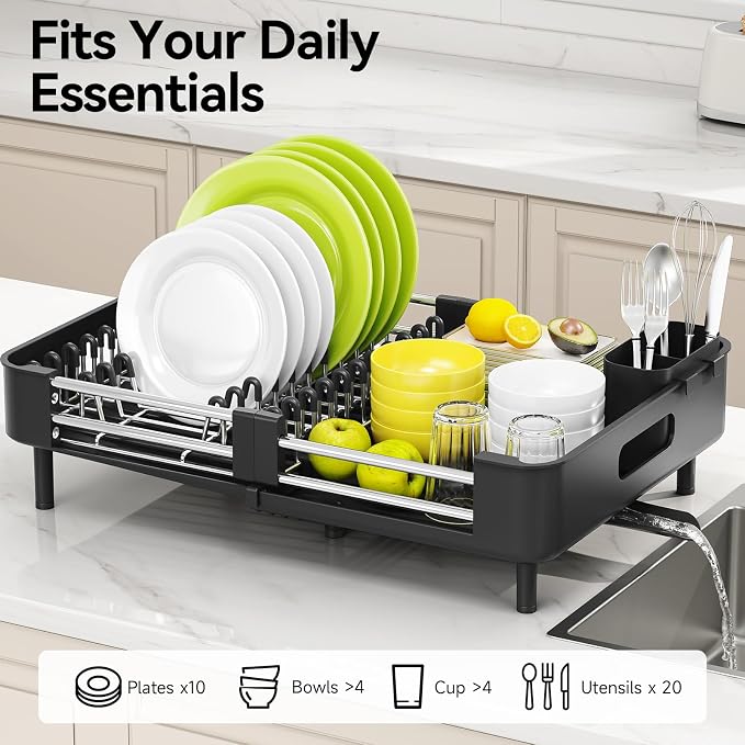 Urackify Extendable Stainless Dish Drying Rack for Kitchen Counter, Black | 13.78"W x 18.7"L, Foldable Drainboard for Space Saving, Knife and Utensil Holder, Fast-draining Spout