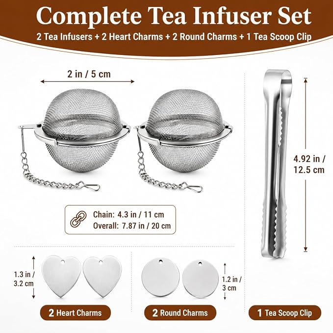 Tea Infuser for Loose Leaf Tea, 2 Pack Stainless Steel Tea Ball | 2 inch extra fine mesh tea strainer with 304 stainless steel, 2 heart charms, 2 round charms and tea scoop clip