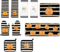 Fanfanwin 10 Pcs Fall Pumpkin Kitchen Decor Set Black and White Stripes Kitchen Towels Pot Holders Oven Mitts and Rugs Set for Baking Cooking BBQ Autumn Home