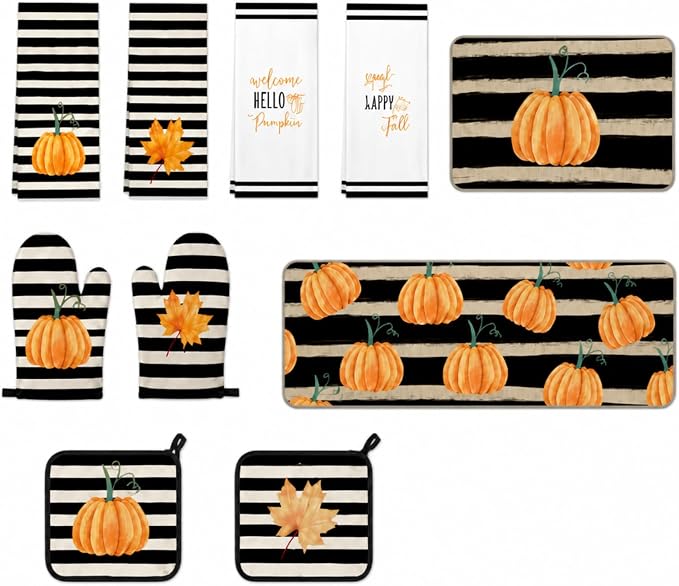 Fanfanwin 10 Pcs Fall Pumpkin Kitchen Decor Set Black and White Stripes Kitchen Towels Pot Holders Oven Mitts and Rugs Set for Baking Cooking BBQ Autumn Home
