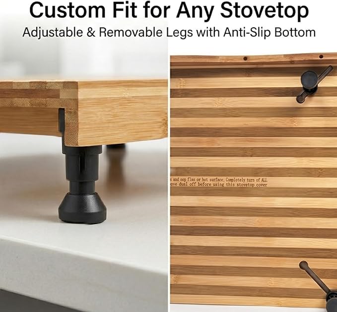 Bamboo Stovetop Cover & Countertop Cutting Board with Adjustable Legs, 29.5" x 21.2" Dual-Purpose Wood Chopping Block for Gas & Electric Burners, Extra Counter Space Saver for RV & Kitchen