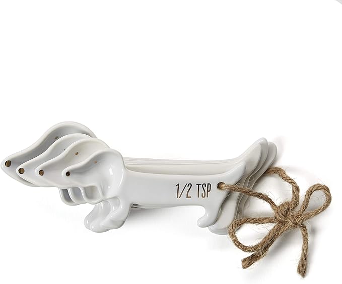 Dachshund Measuring Spoons, Ceramic, Set of 4, Dog Lover Gifts | Weiner or Wiener Dog Themed Kitchen Baking Tools, White Ceramic, Gift for Dachshund Lovers