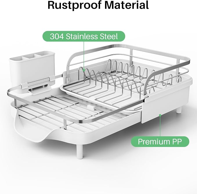 SNTD Expandable Dish Drying Rack for Kitchen Counter, 15.2-22.1 in, White | Rust-Resistant Stainless Steel, Protective Side Rails, Self-Draining Drainboard, Removable Utensil Holder