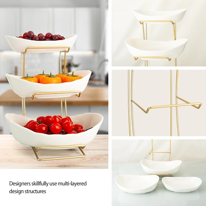 3 Tier White Gold Fruit Bowl and Tray with Metal Stand, Triple Layer Fruit Basket for Snacks, Nuts, Bread, Candy Storage