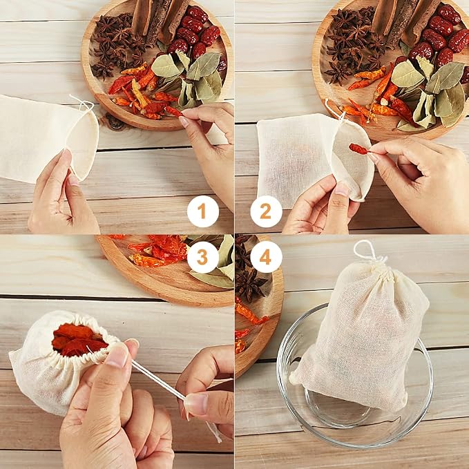 YQL 4x6 Inch Spice Bags for Cooking, 30PCS Reusable Muslin Drawstring Bags | Cotton Tea Filter Bags for Soup, Herbs, Spices, Coffee, Cheesecloth Straining and Kitchen Cooking Use