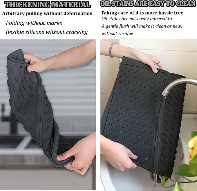 Dish Drying Mat for Kitchen Counter, Collapsible Trifold Large Dish Drainer Mat, Silicone Drying Mat with Hook, 24x16In Non-Slip Silicone Sink Mat, Easy to Clean, Black
