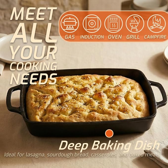2-in-1 Pre-Seasoned Cast Iron Casserole Dish with Lid, Rectangular Dutch Oven, Cast Iron Roasting Pan&Baking Dish for Lasagna, Sourdough Bread, 13"x9"