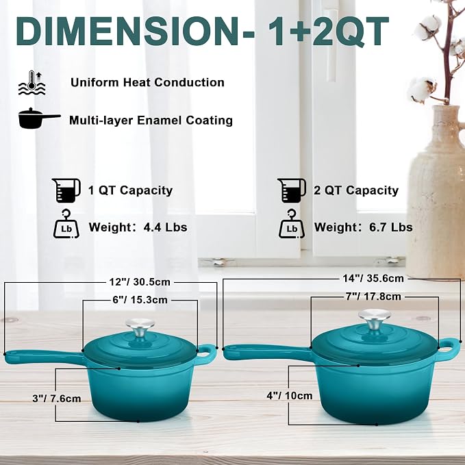 Leonyo 1Qt & 2Qt Enamel Cast Iron Saucepan Set, Dutch Oven Pot, Lake Green | For All Cooktops Cooking Pasta, Milk, Oatmeal - Up to 500°F & Nonstick