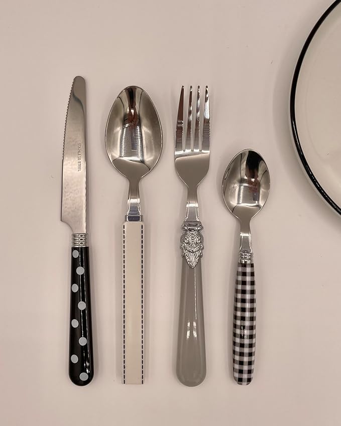 Gypsy Color Eclectic Black & White Mix & Match Stainless Steel Flatware Collection, Set of 16