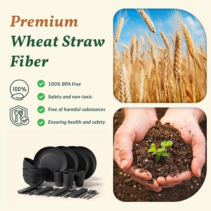 28 PCS Unbreakable Plates and Bowls Set Wheat Straw Dinnerware Sets Microwave & Dishwasher Safe Lightweight Camping Dishes Set for 4 - Dinner Plates, Plastic Bowls, Kitchen Cups (Black)