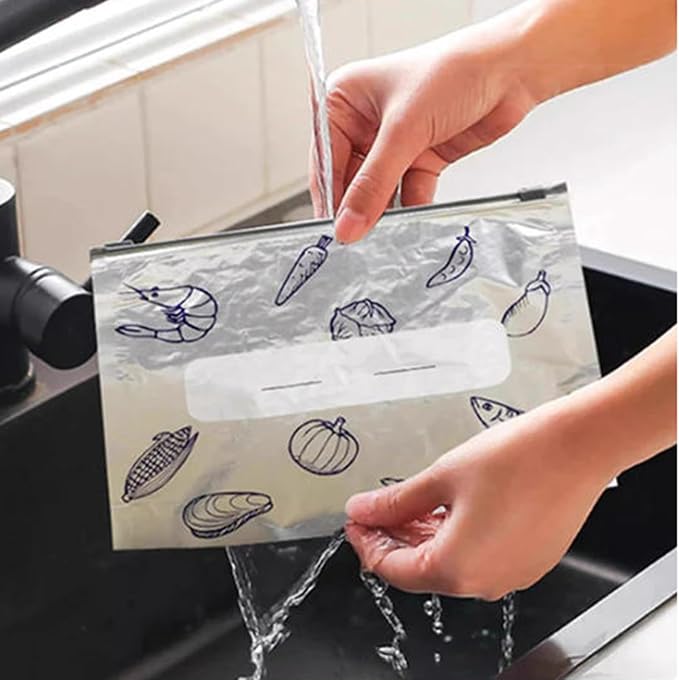 Reusable Aluminum Foil Sealable Storage Bags, 2025 New Resealable Vacuum Zipper Pouches for Food, Stand Up Foil Sealable Bags with Label and Zip Lock for Vegetable Fruit Meat (10PCS, Large)