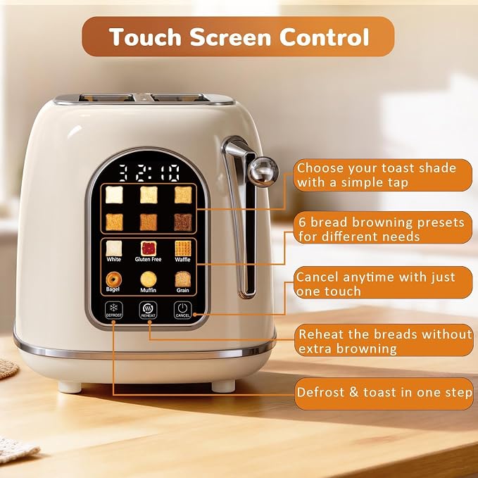 Mecity Toaster 2 Slice, Touch Screen Wide Slot Retro Toaster For Breads Bagel Muffin Waffle, House Warming Gift New Home, 120V 825W, Cream Color
