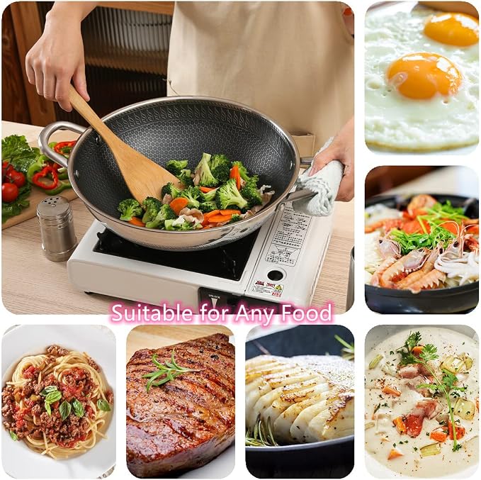 Hikaru 12.5” Wok Pan with Dual Honeycomb Wok Stainless Steel Wok Pan with Nonstick Coating, Frying Pans Cookware, Two Handles,Works with Induction ,Gas, Electric, Ceramic Furnace Stove, Without Lid
