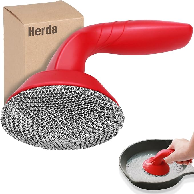 Cast Iron Cleaner Scrubber with Handle -Welded Chain Mail Cast Iron Cleaner | Large Round Cast Iron Brush,Dishwasher Safe, 316 Chainmail Sponge Scrub Cleaning Tool to Clean Skillet, Frying Pan, Wok, Oven