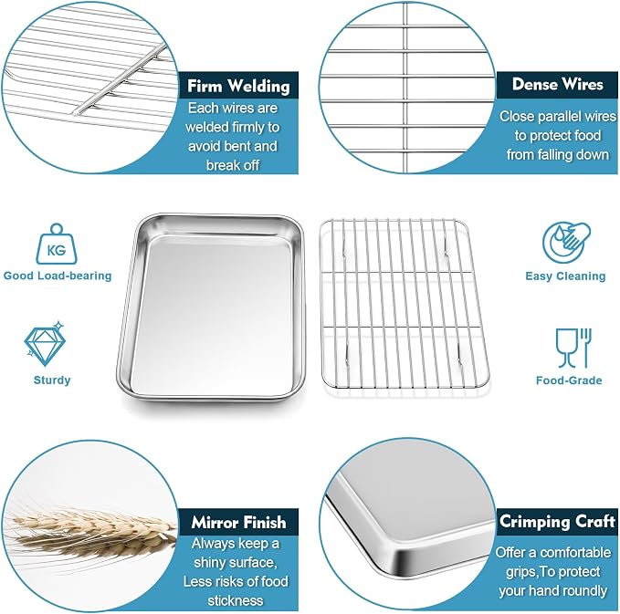 P&P CHEF 10.4 Inch Baking Sheet Pan Cooling Rack with Mat Set for Cookie | Stainless Steel Cookie Pan with Cooling Rack and Silicone Mat for Baking & Roasting, Oven & Dishwasher Safe, Easy Clean