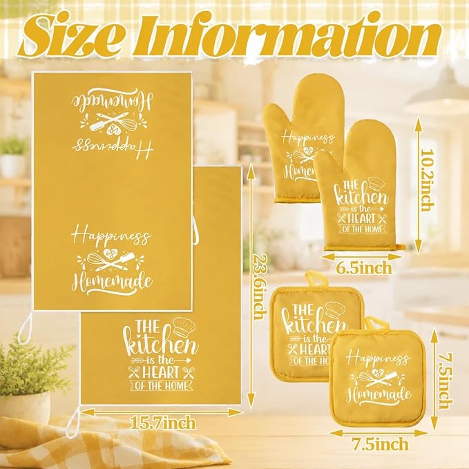Sratte 6 Pcs Kitchen Decor Accessories Set, Yellow | Farmhouse Kitchen Towels Pot Holders Oven Mitts Set 2 Dish Towels 2 Potholders 2 Cooking Mittens for Baking Cooking Supply