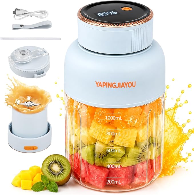 Portable Blender, Personal Smoothie juicer, Shaker blender, 33oz USB portable rechargeable juicer cup with 38 Blades for Kitchen, Travel, Gym， Office – Sky Blue