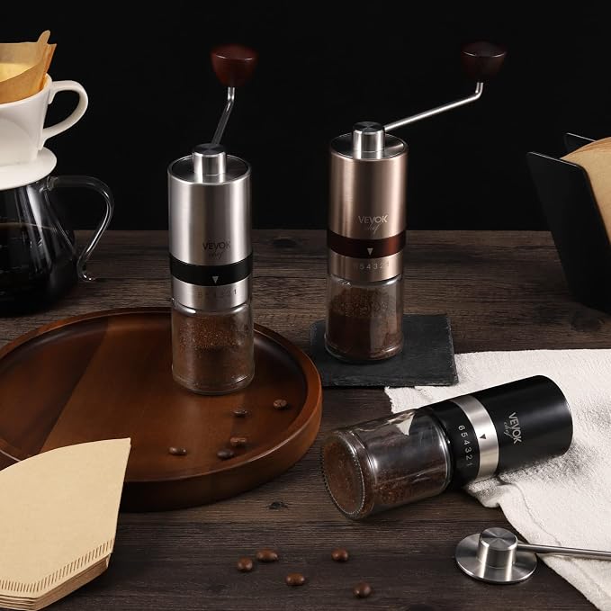 VEVOK CHEF Gold Manual Coffee Grinder Stainless Steel Burr Coffee Grinder with Portable Bag External Adjustable Setting Small Hand Coffee Grinder Ultra Fine for Espresso at Home Morning Coffee