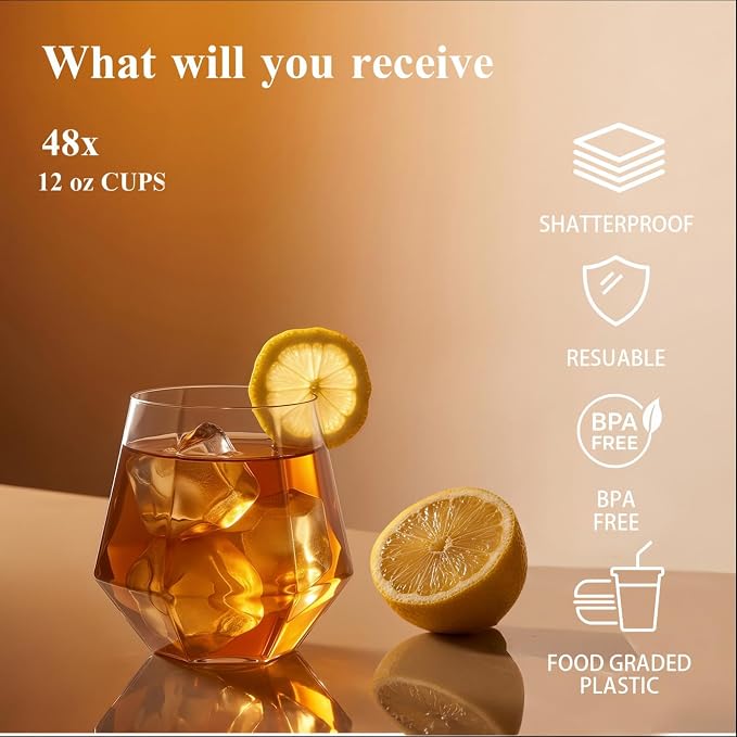 BESTSTAR 96 Pack Clear Plastic Wine Glasses Set BPA-Free Shatterproof | 48 9 OZ Stemless Champagne Flutes & 48 12OZ Diamond Wine Whiskey Glasses, Clear Drinkware for Weddings, Parties & Events