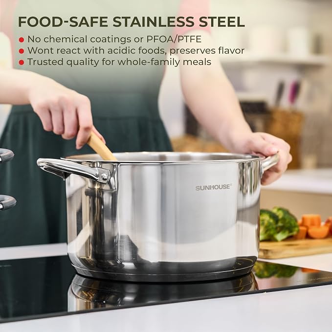 Sunhouse 6 QT Stainless Steel Stock Pot with Lid - Large Pot for Cooking | Stainless Steel Pot For Pasta, Soup, Spaghetti - Impact Bonding Base Big Pots for Canning, Boiling - Induction Compatible