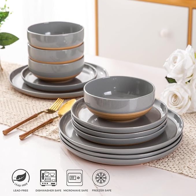 AmorArc Dinnerware Sets for 4, 12 Pieces Ceramic Plates and Bowls Set | Scratch Resistant Stoneware Dishes Set, Dishwasher & Microwave Safe,Gray